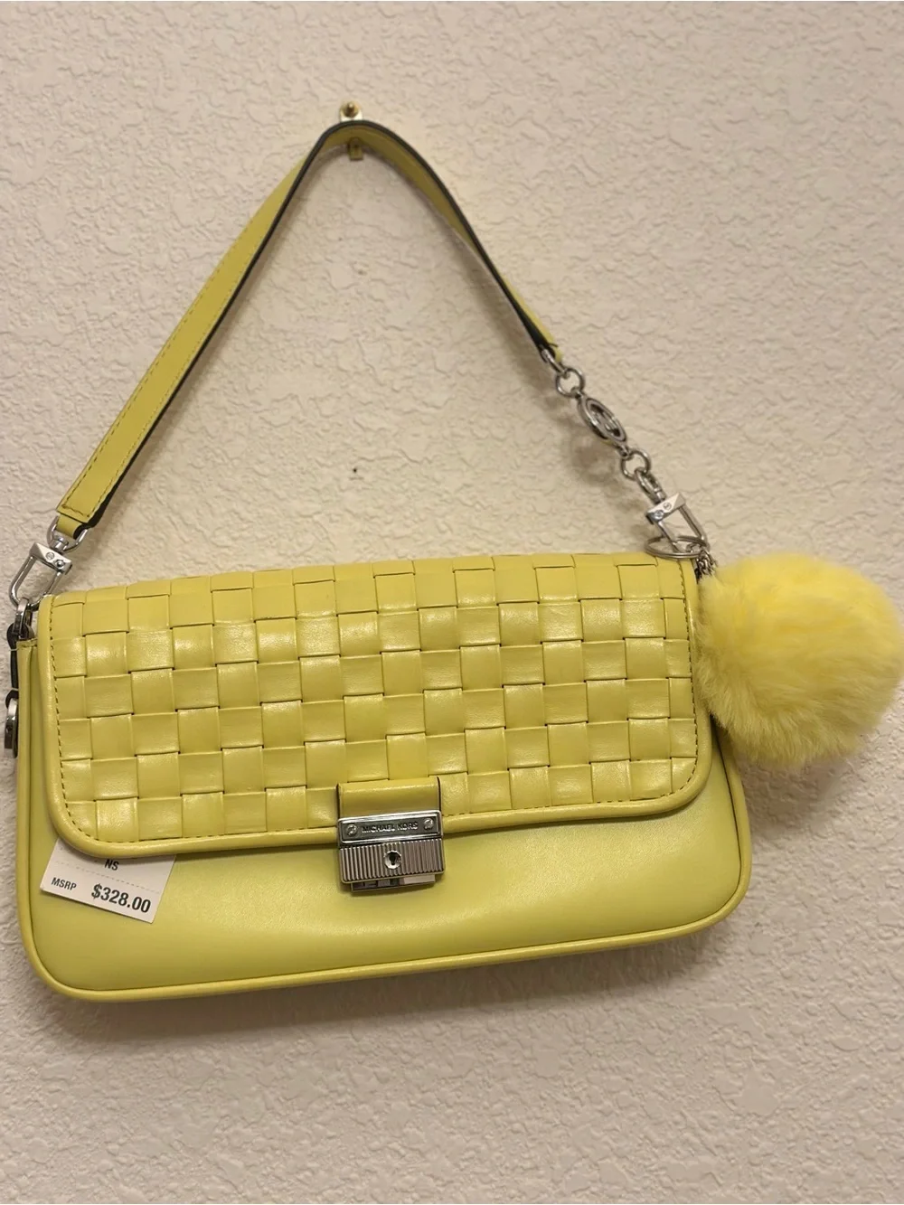Michael Kors Yellow Woven Leather Shoulder Bag with Pom Pom Charm